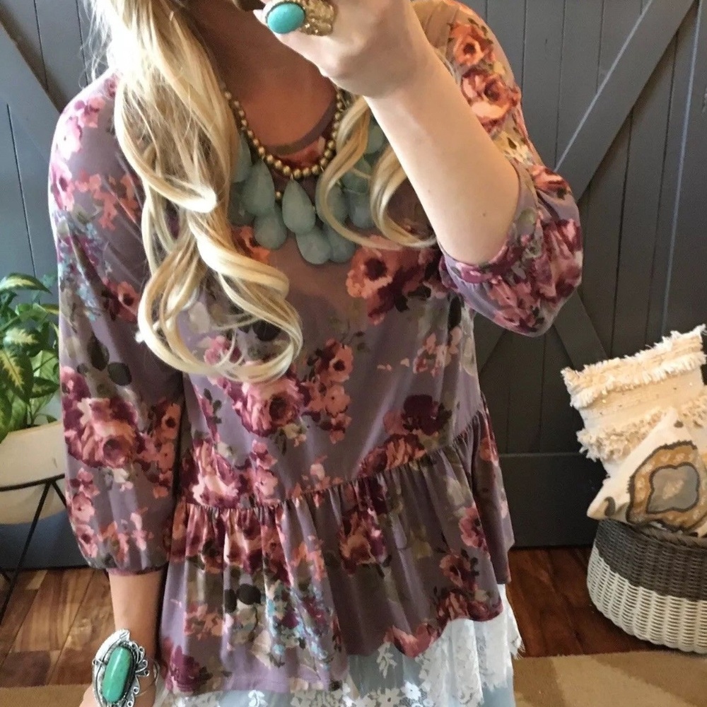 New Boutique Floral 3/4 Sleeve Peasant Blouse Top - Picture 3 of 6